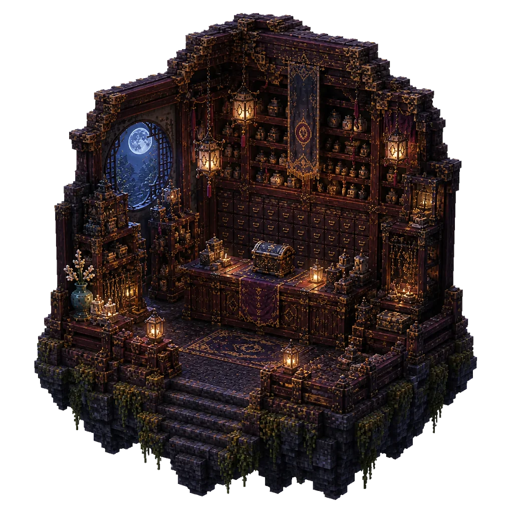 Miniature diorama of a moonlit Eastern fantasy pawnshop from Focus Compendium