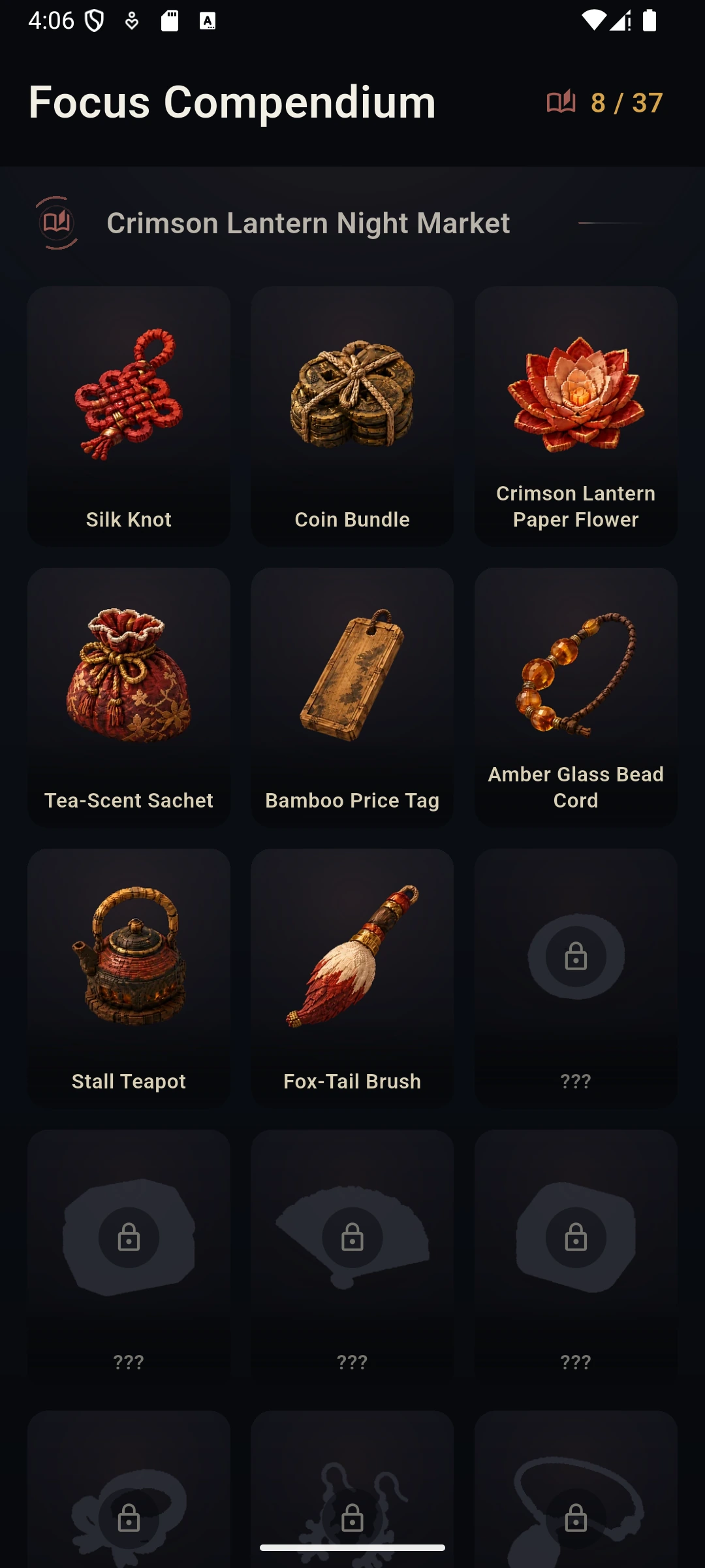 Focus Compendium collection screen showing the compendium grid of discovered and undiscovered items