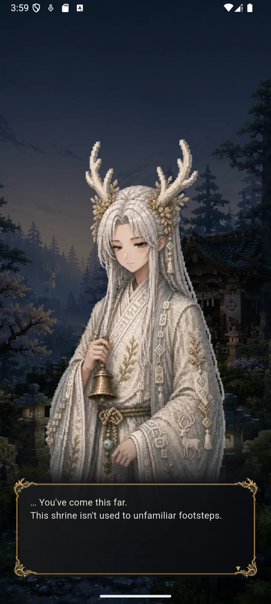 Focus Compendium Guardian dialogue scene showing the white deer guardian in a moonlit shrine